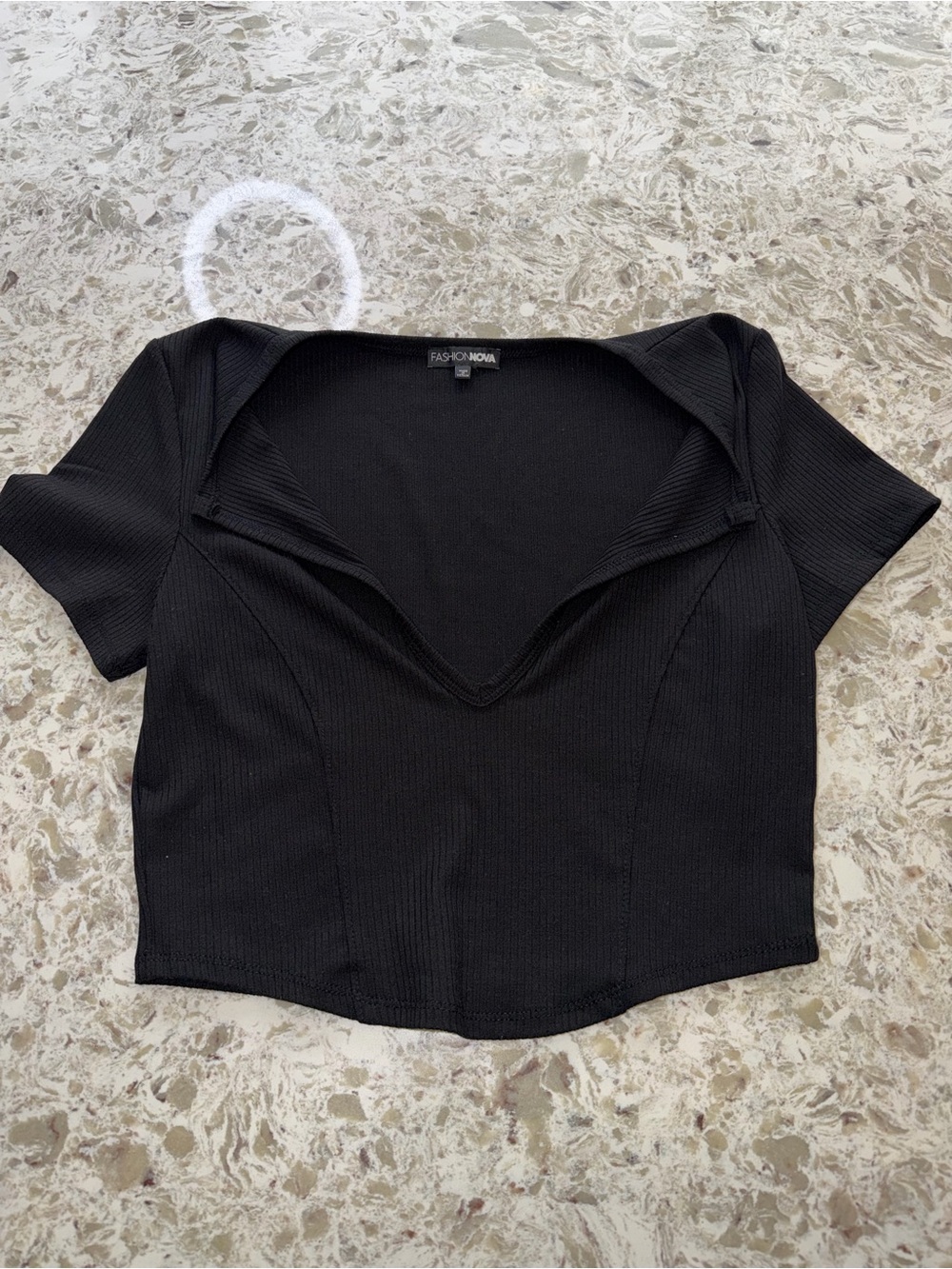 Fashion Nova Black Ribbed V-Neck Short Sleeve Crop Top
